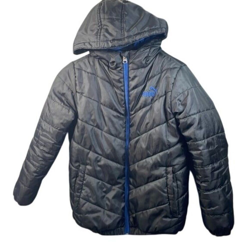 Puma long sleeve unisex puffer‎ black/blue kids outerwear hooded coat size M